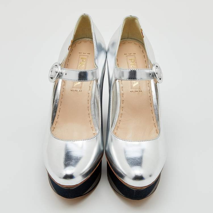 Pre Owned Prada Silver Leather Wedge Pumps Size 37.5
