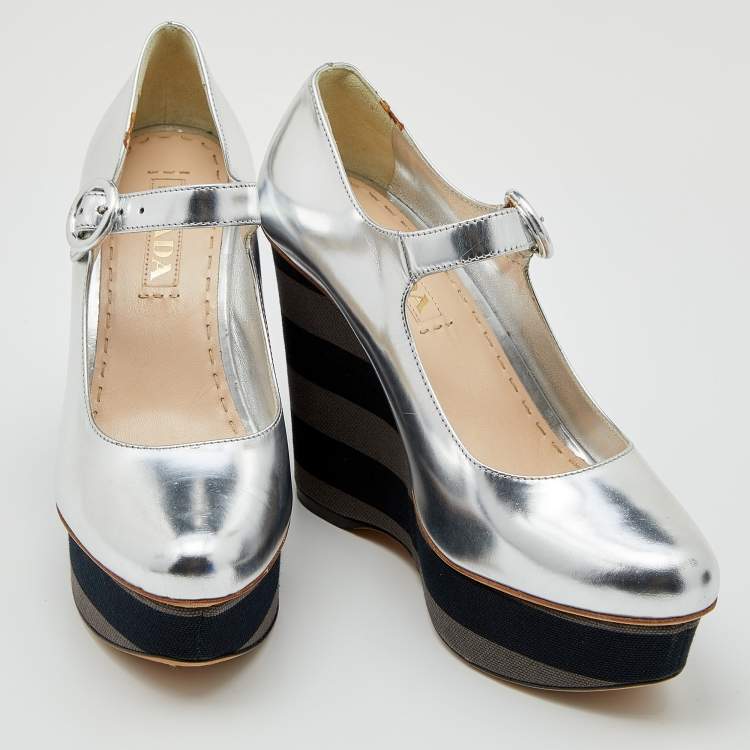 Pre Owned Prada Silver Leather Wedge Pumps Size 37.5