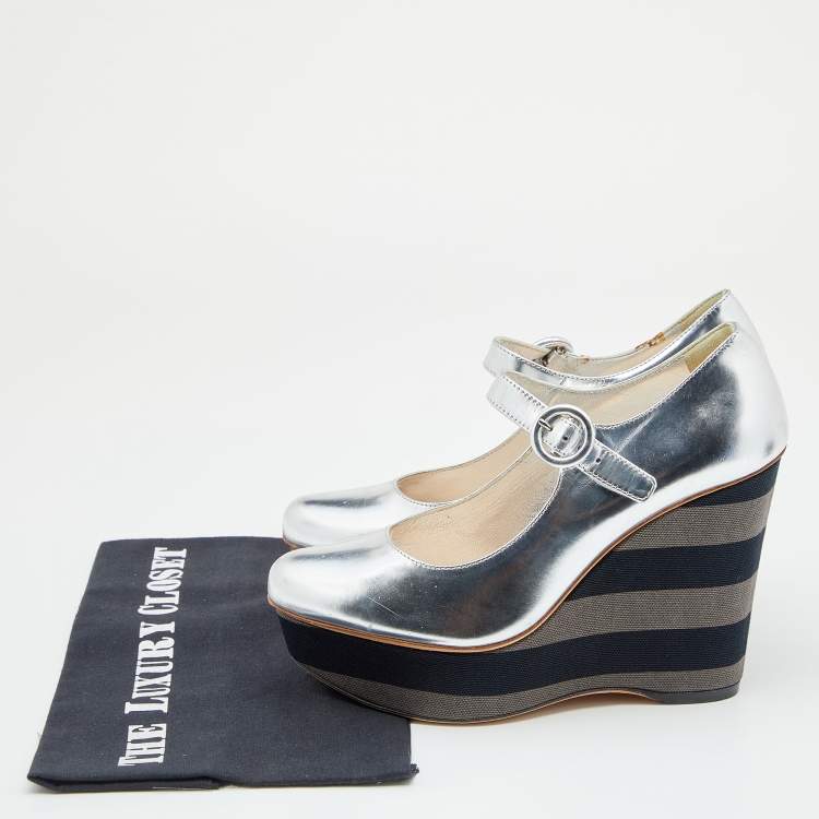 Pre Owned Prada Silver Leather Wedge Pumps Size 37.5