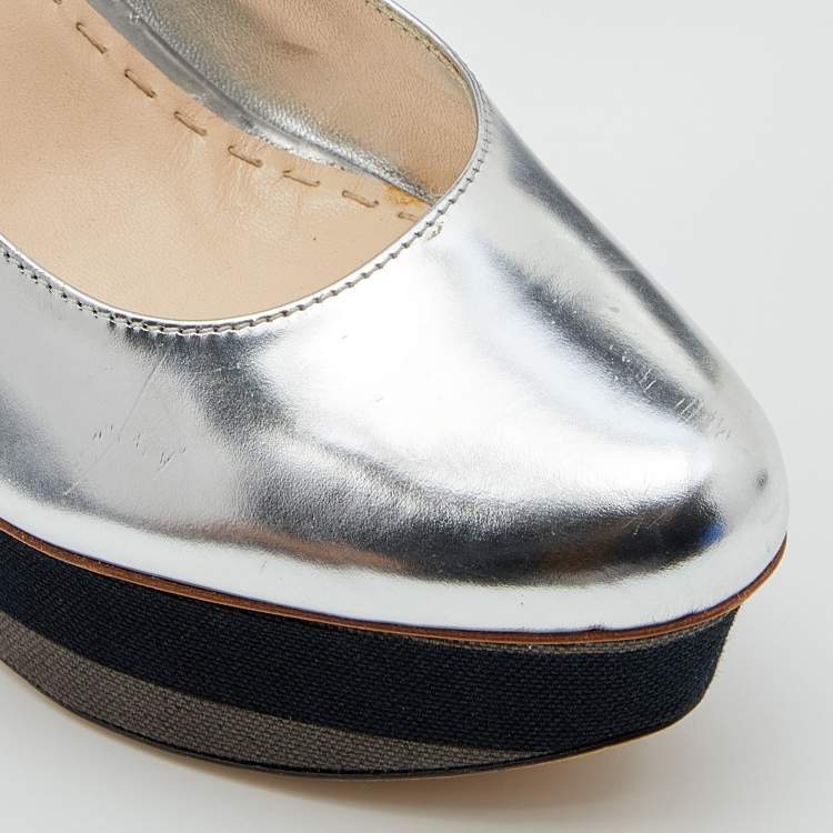 Pre Owned Prada Silver Leather Wedge Pumps Size 37.5
