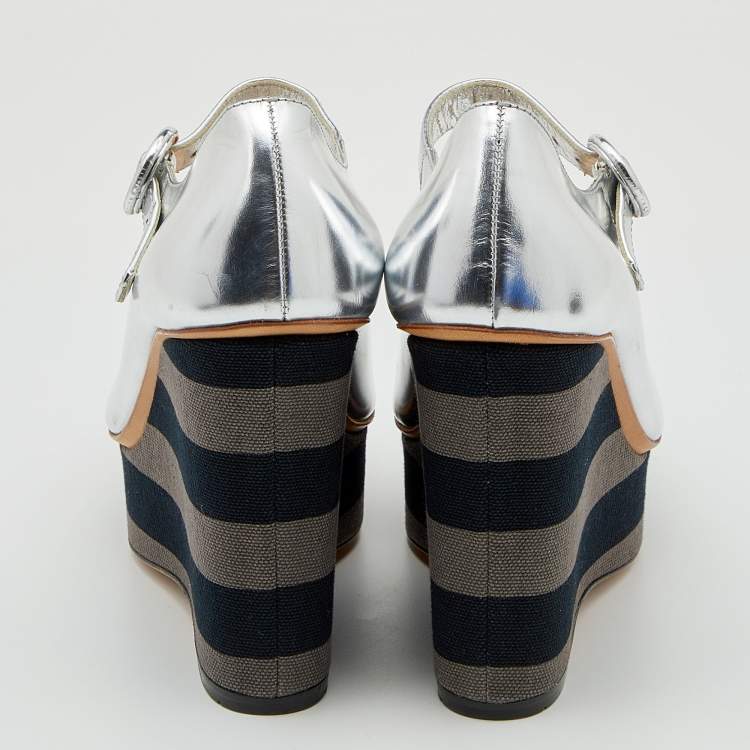 Pre Owned Prada Silver Leather Wedge Pumps Size 37.5