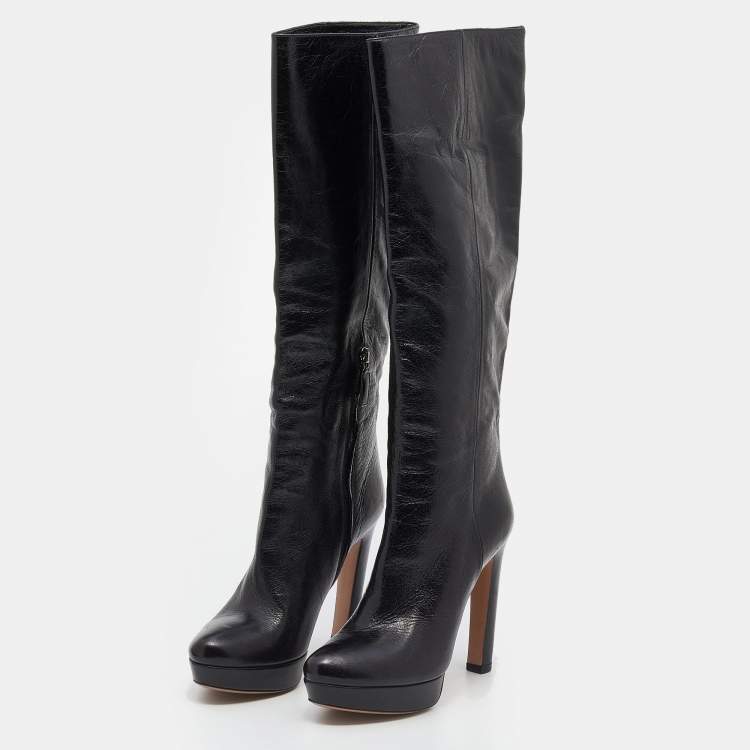 Pre Owned Prada Black Leather Platform Knee Length Boots Size 37.5