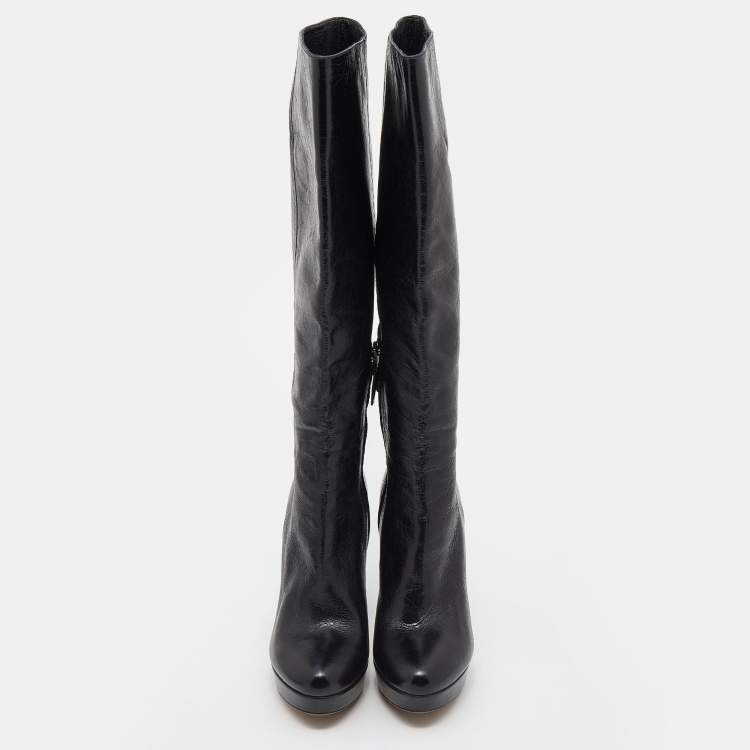 Pre Owned Prada Black Leather Platform Knee Length Boots Size 37.5