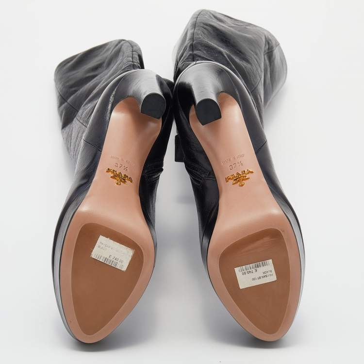 Pre Owned Prada Black Leather Platform Knee Length Boots Size 37.5