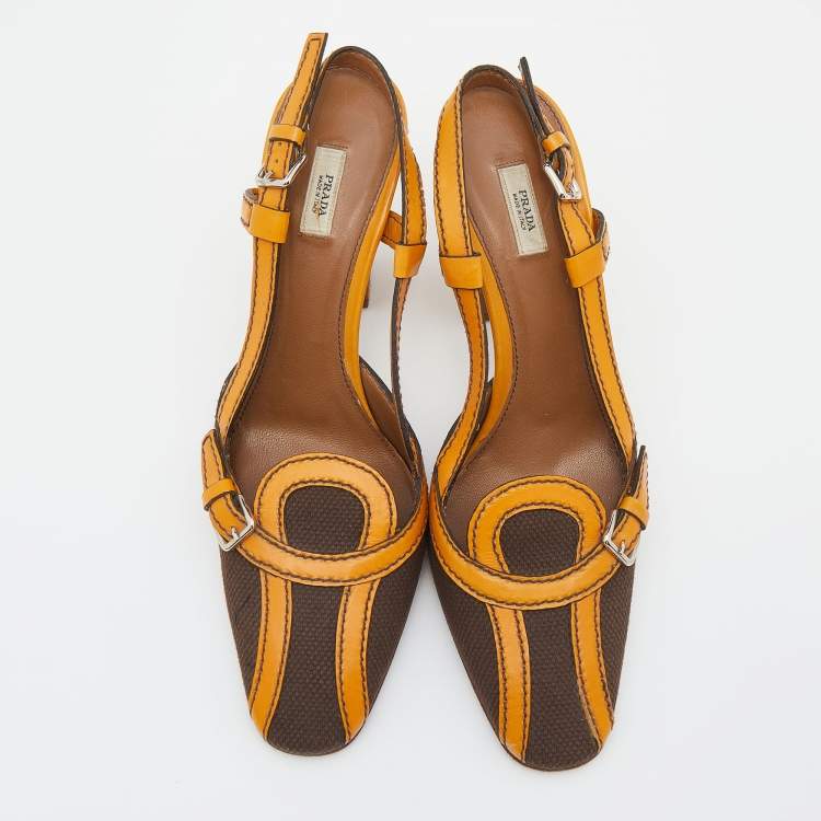 Pre Owned Prada Tan/Brown Canvas and Leather Slingback Sandals Size 38