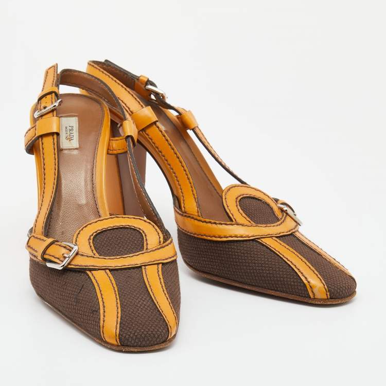 Pre Owned Prada Tan/Brown Canvas and Leather Slingback Sandals Size 38