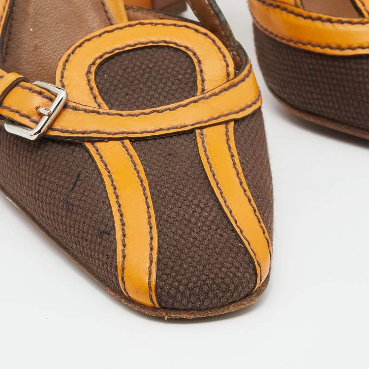Pre Owned Prada Tan/Brown Canvas and Leather Slingback Sandals Size 38