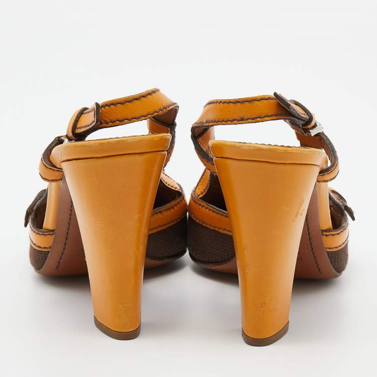 Pre Owned Prada Tan/Brown Canvas and Leather Slingback Sandals Size 38