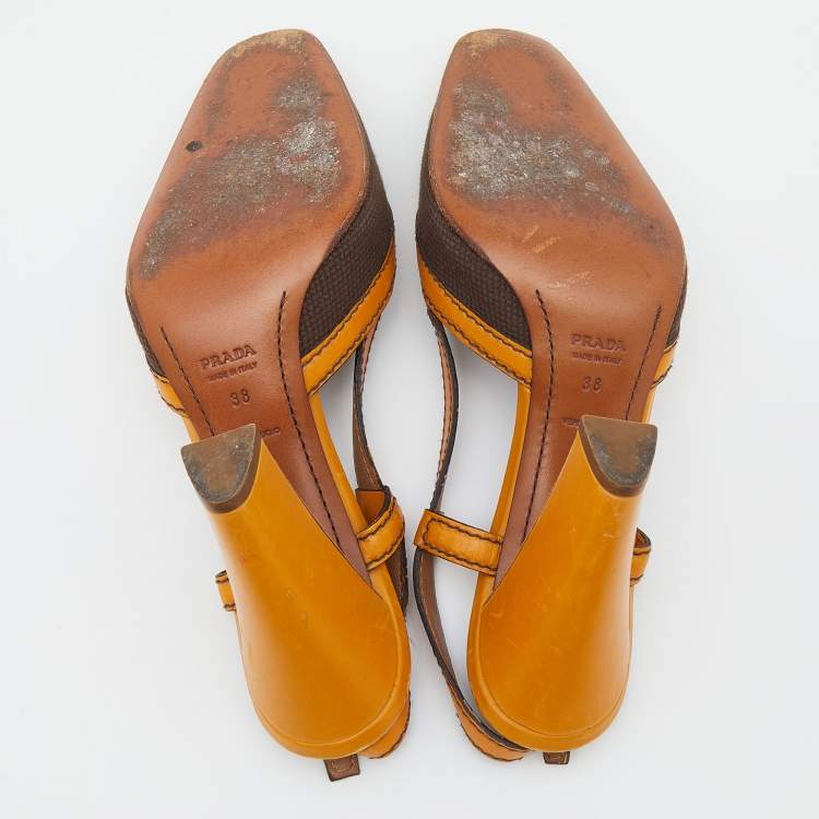 Pre Owned Prada Tan/Brown Canvas and Leather Slingback Sandals Size 38