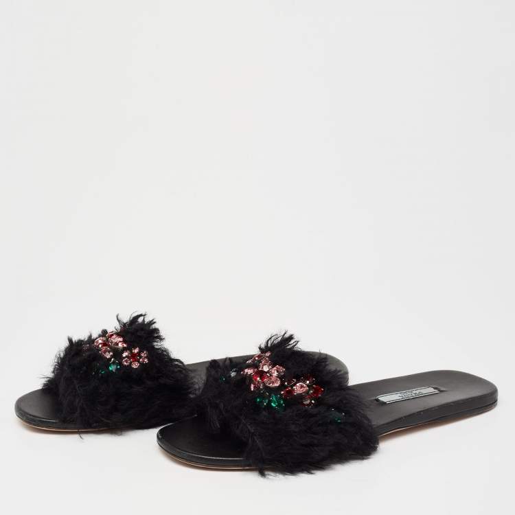 Prada Black Crystal Embellished Faux Fur Flat Slides Size  Prada | TLC