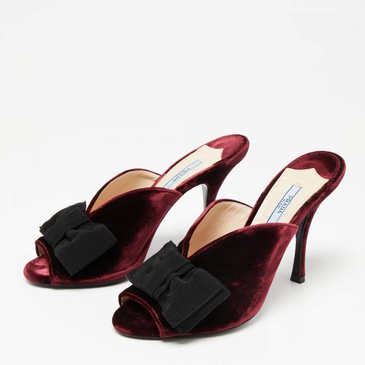 Prada Burgundy Velvet Bow Embellished Peep Toe Mules Size 39 Prada | TLC