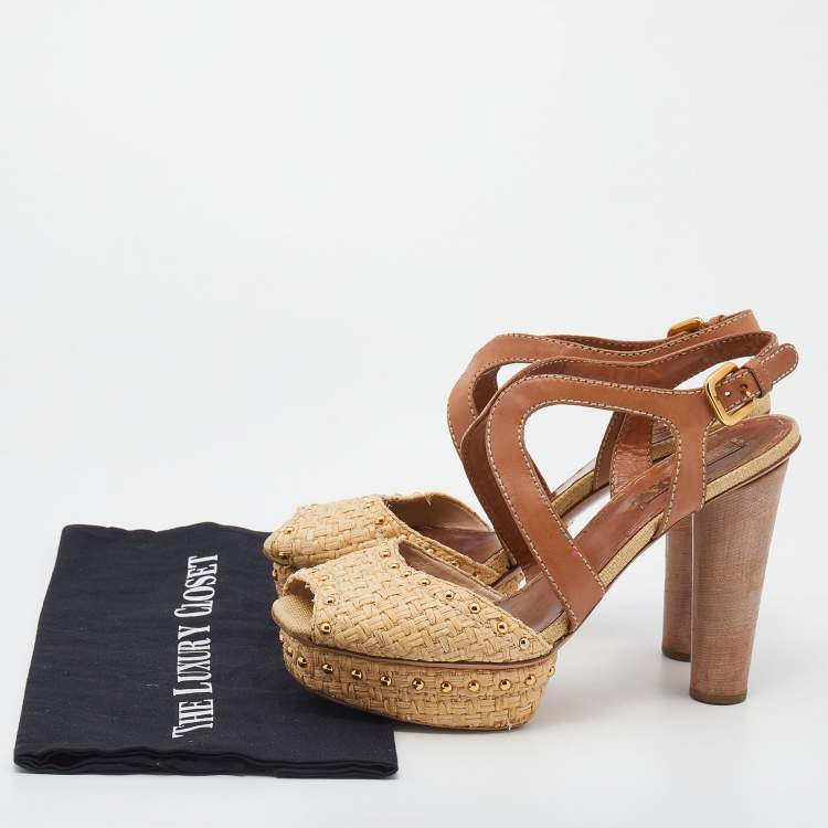 Pre Owned Prada Beige/Brown Raffia And Leather Ankle Strap Studded Platform Block Heel Sandals Size 42
