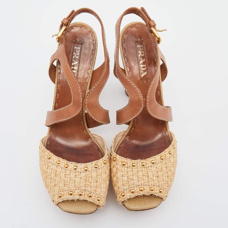 Pre Owned Prada Beige/Brown Raffia And Leather Ankle Strap Studded Platform Block Heel Sandals Size 42