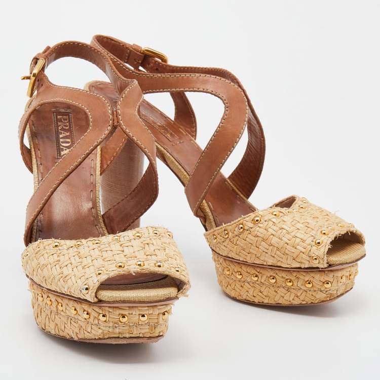 Pre Owned Prada Beige/Brown Raffia And Leather Ankle Strap Studded Platform Block Heel Sandals Size 42