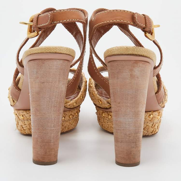 Pre Owned Prada Beige/Brown Raffia And Leather Ankle Strap Studded Platform Block Heel Sandals Size 42