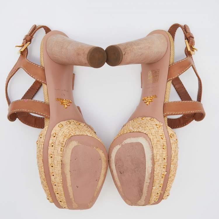 Pre Owned Prada Beige/Brown Raffia And Leather Ankle Strap Studded Platform Block Heel Sandals Size 42