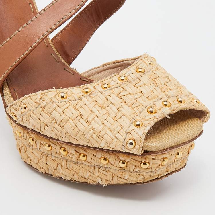 Pre Owned Prada Beige/Brown Raffia And Leather Ankle Strap Studded Platform Block Heel Sandals Size 42
