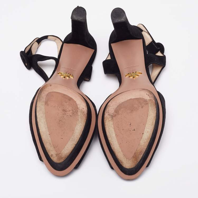Pre Owned Prada Black Suede Cut-Out Peep-Toe Platform Sandals Size 38