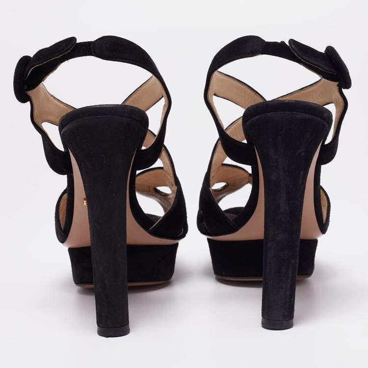 Pre Owned Prada Black Suede Cut-Out Peep-Toe Platform Sandals Size 38