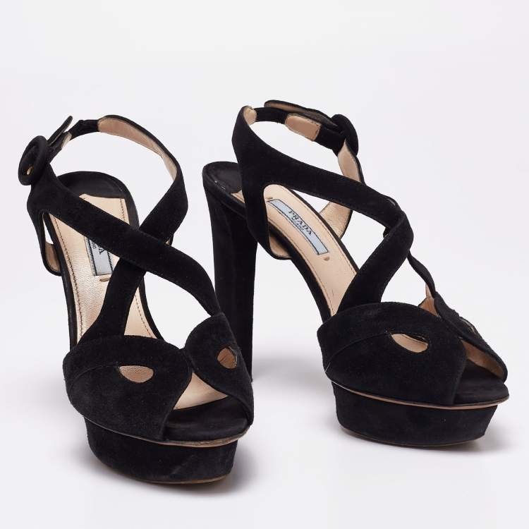 Pre Owned Prada Black Suede Cut-Out Peep-Toe Platform Sandals Size 38