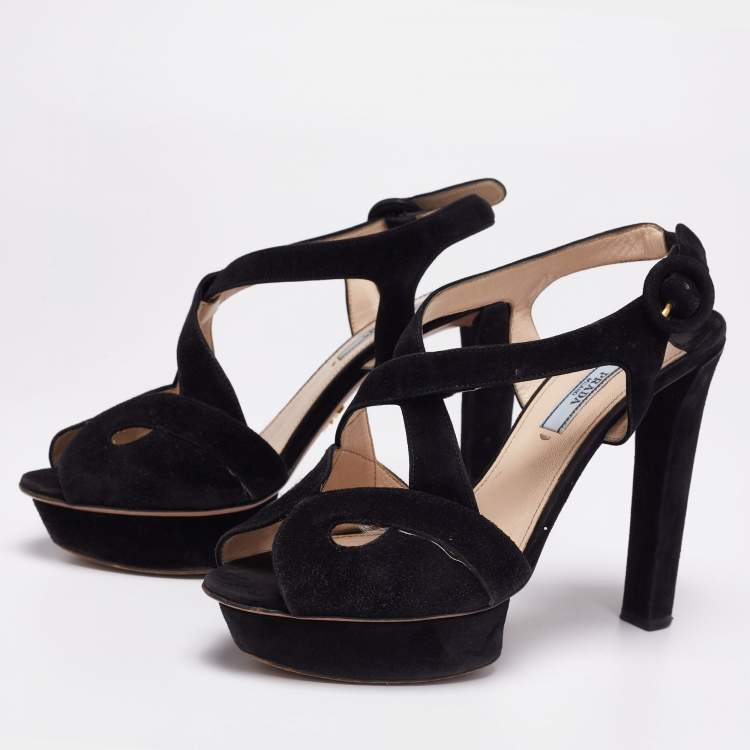 Pre Owned Prada Black Suede Cut-Out Peep-Toe Platform Sandals Size 38