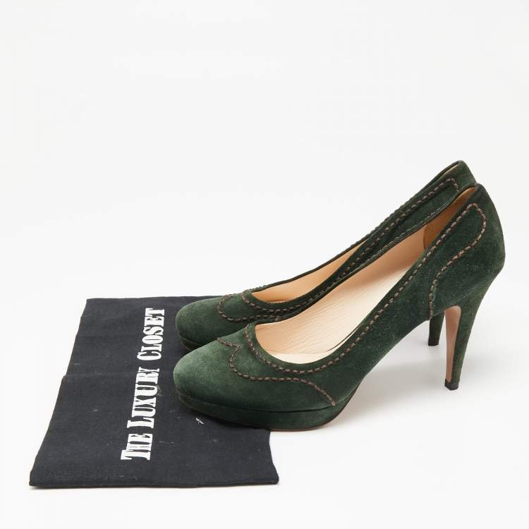 Pre Owned Prada Green Suede Stitch Detail Platform Pumps Size 39