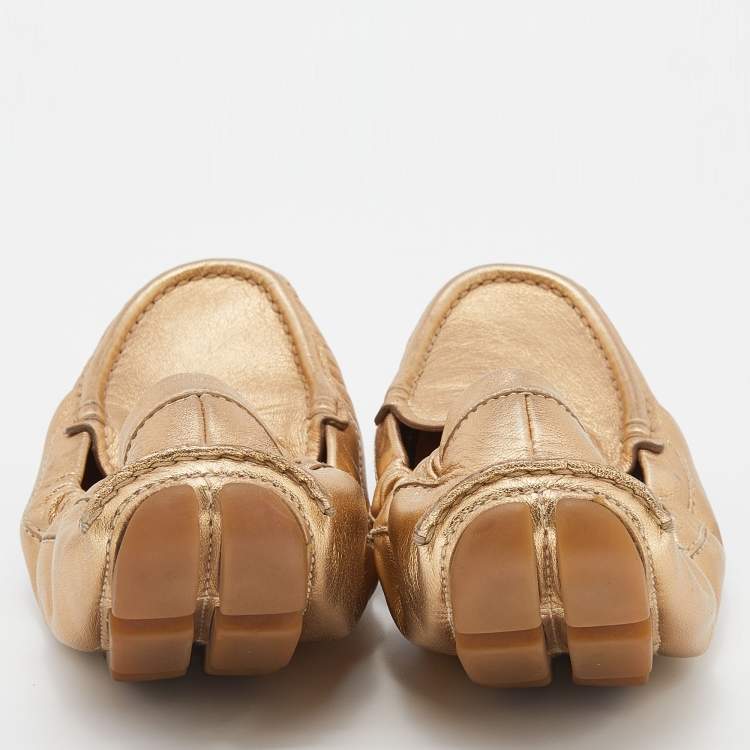Pre Owned Prada Metallic Gold Leather Scrunch Slip On Loafers Size 36.5