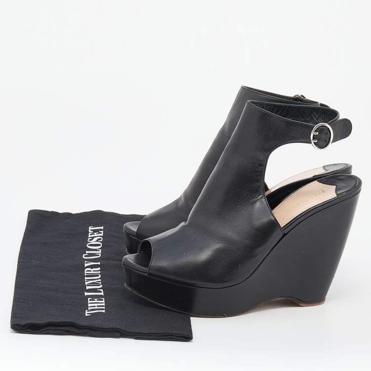 Pre Owned Prada Black Leather Peep Toe Wedge Platform Sandals Size 39