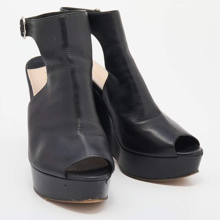 Pre Owned Prada Black Leather Peep Toe Wedge Platform Sandals Size 39