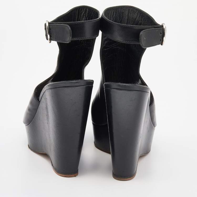 Pre Owned Prada Black Leather Peep Toe Wedge Platform Sandals Size 39