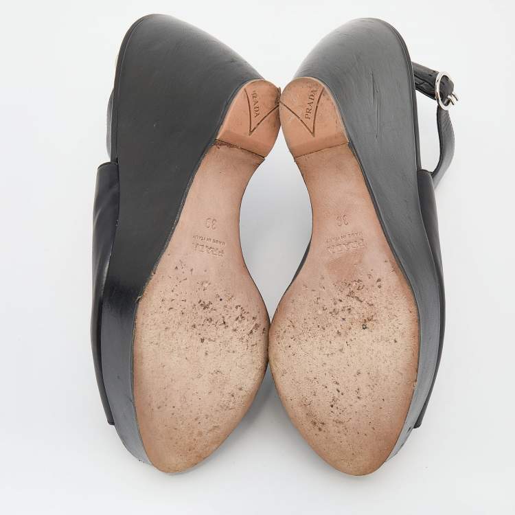 Pre Owned Prada Black Leather Peep Toe Wedge Platform Sandals Size 39