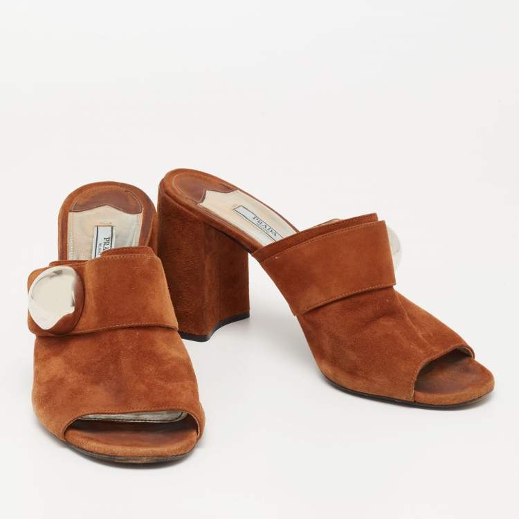 Pre Owned Prada Brown Suede Block Heel Slide Sandals Size 41