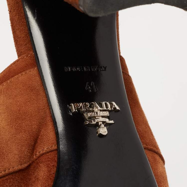 Pre Owned Prada Brown Suede Block Heel Slide Sandals Size 41
