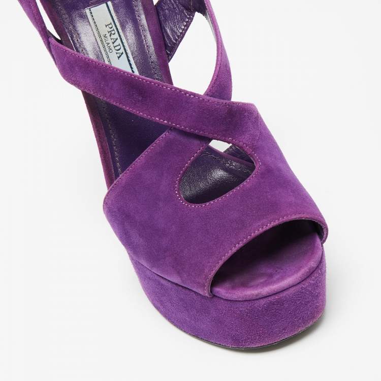 Pre Owned Prada Purple Suede Platform Ankle Strap Sandals Size 37 