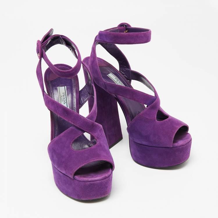 Pre Owned Prada Purple Suede Platform Ankle Strap Sandals Size 37 