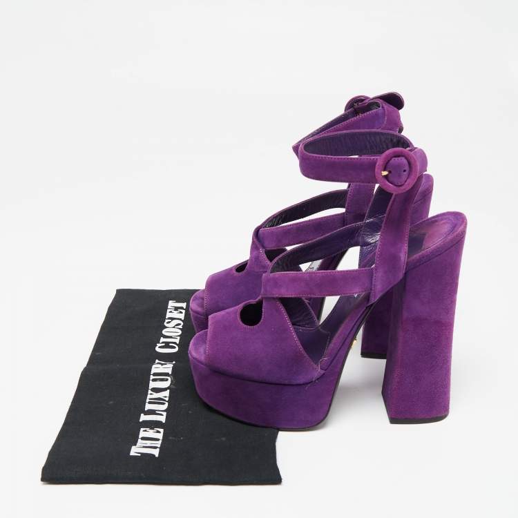 Pre Owned Prada Purple Suede Platform Ankle Strap Sandals Size 37 