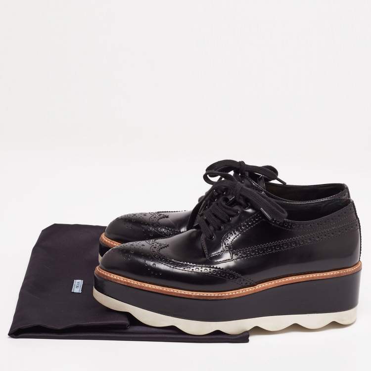 Pre Owned Prada Black Brogue Patent Leather Wave Wingtip Platform Derby Sneakers Size 38.5