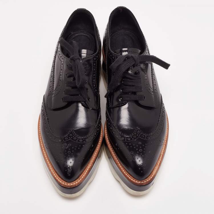 Pre Owned Prada Black Brogue Patent Leather Wave Wingtip Platform Derby Sneakers Size 38.5