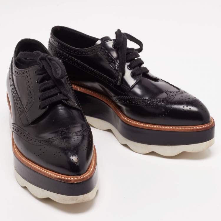 Pre Owned Prada Black Brogue Patent Leather Wave Wingtip Platform Derby Sneakers Size 38.5