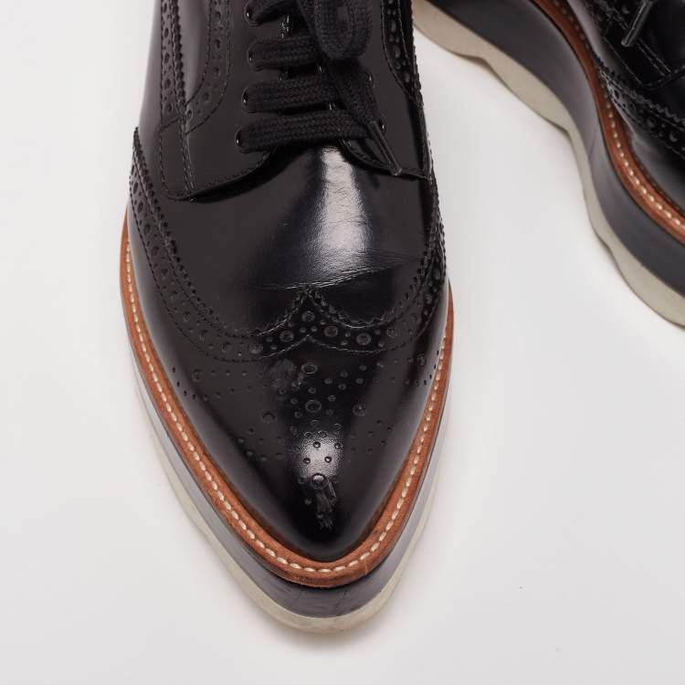 Pre Owned Prada Black Brogue Patent Leather Wave Wingtip Platform Derby Sneakers Size 38.5