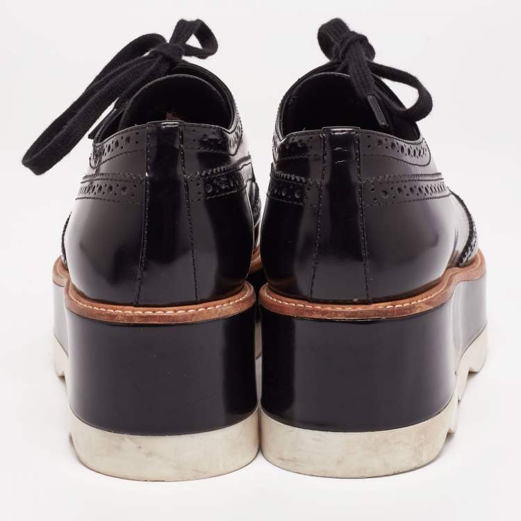 Pre Owned Prada Black Brogue Patent Leather Wave Wingtip Platform Derby Sneakers Size 38.5