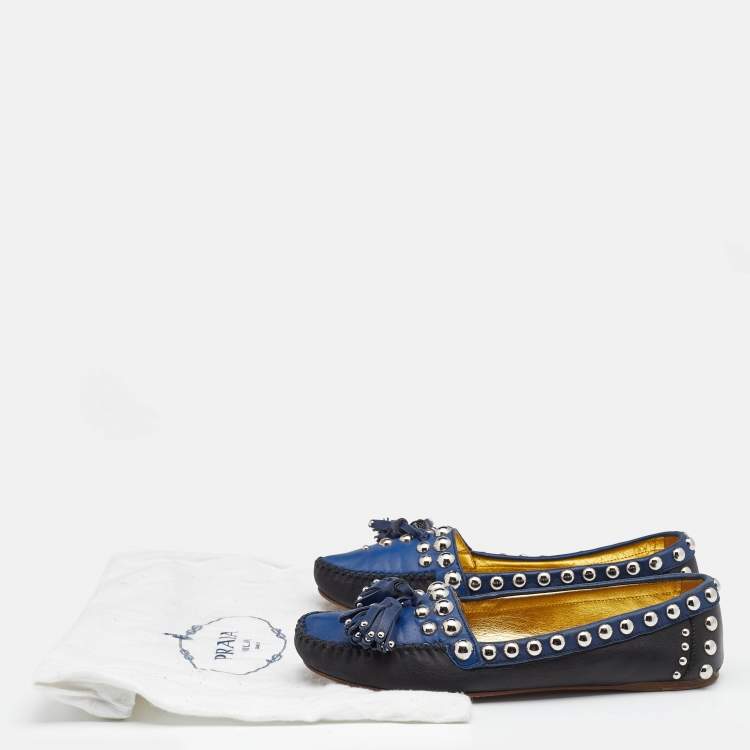 Pre Owned Prada Black/Blue Leather Studded Slip On Loafers Size 36