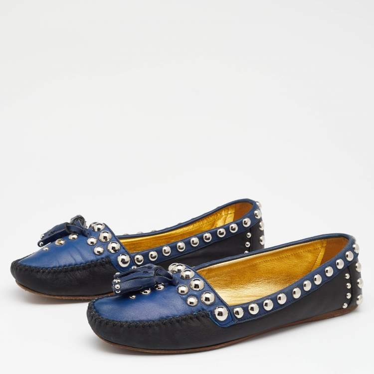 Prada Black/Blue Leather Studded Slip On Loafers Size 36 Prada | TLC