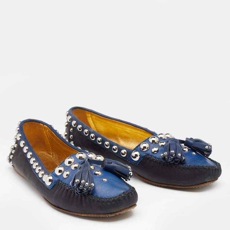 Pre Owned Prada Black/Blue Leather Studded Slip On Loafers Size 36