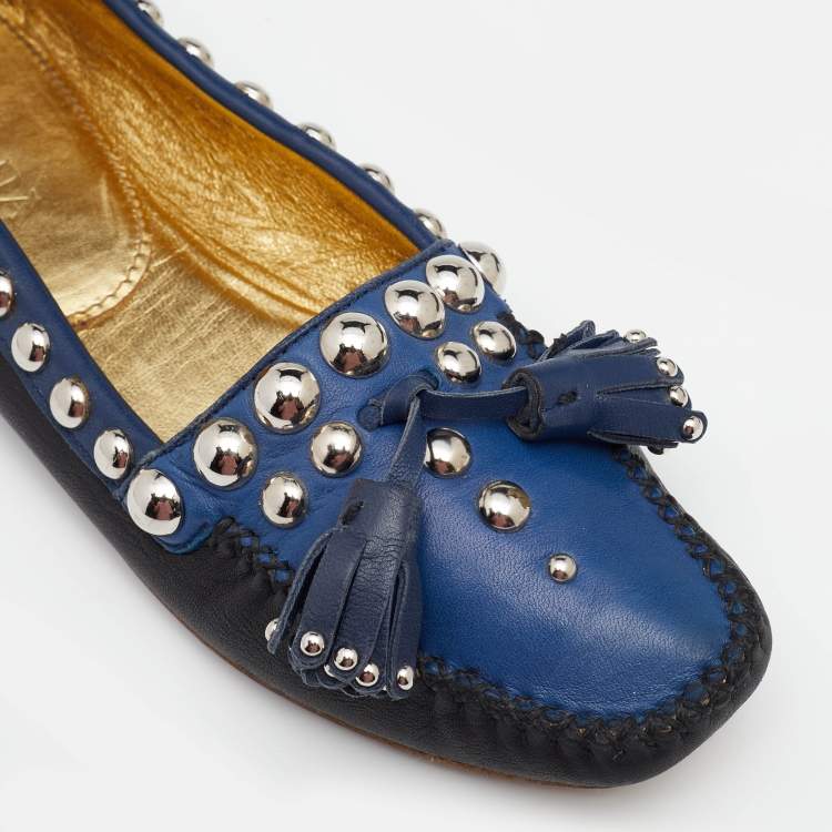 Pre Owned Prada Black/Blue Leather Studded Slip On Loafers Size 36