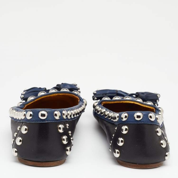 Pre Owned Prada Black/Blue Leather Studded Slip On Loafers Size 36