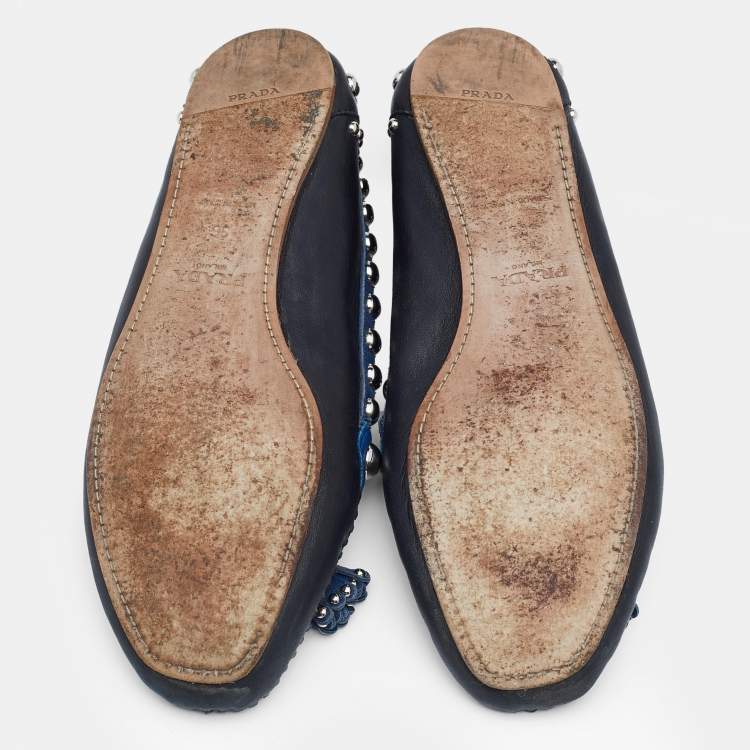Pre Owned Prada Black/Blue Leather Studded Slip On Loafers Size 36