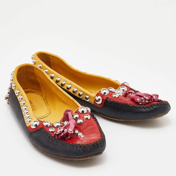 Pre Owned Prada Multicolor Leather Studded Tassel Slip On Loafers Size 36