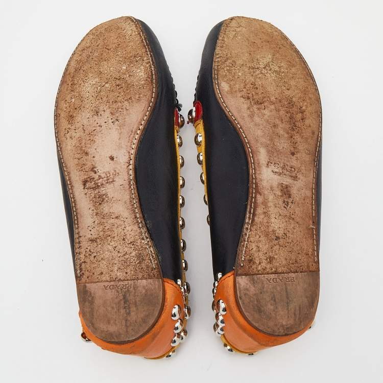 Pre Owned Prada Multicolor Leather Studded Tassel Slip On Loafers Size 36