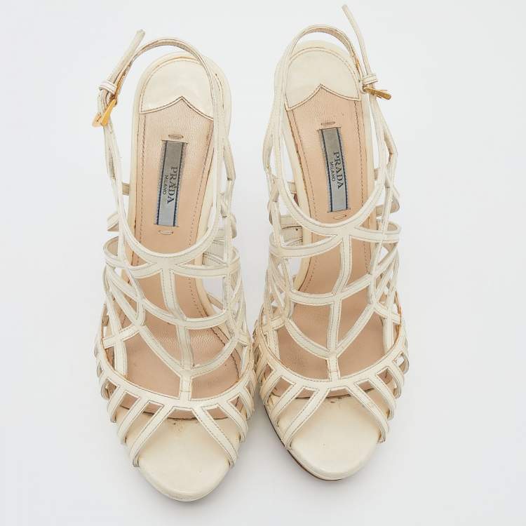 Pre Owned Prada Off White Patent Leather Caged Platform Sandals Size 38
